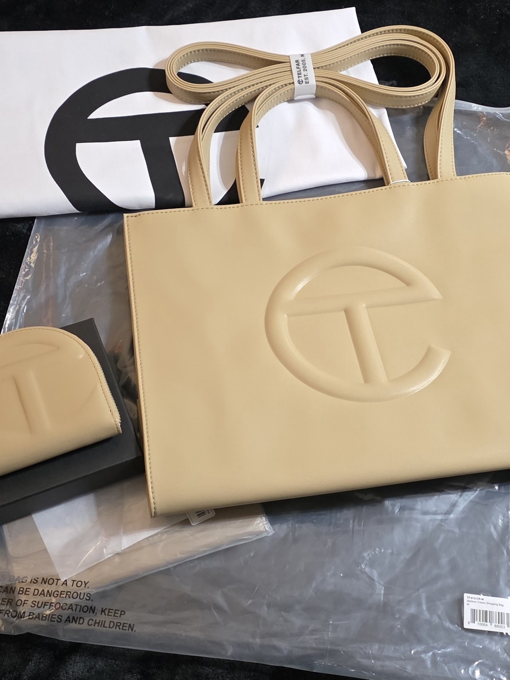 Telfar Medium Cream Leather Shopping Tote with Embossed Logo